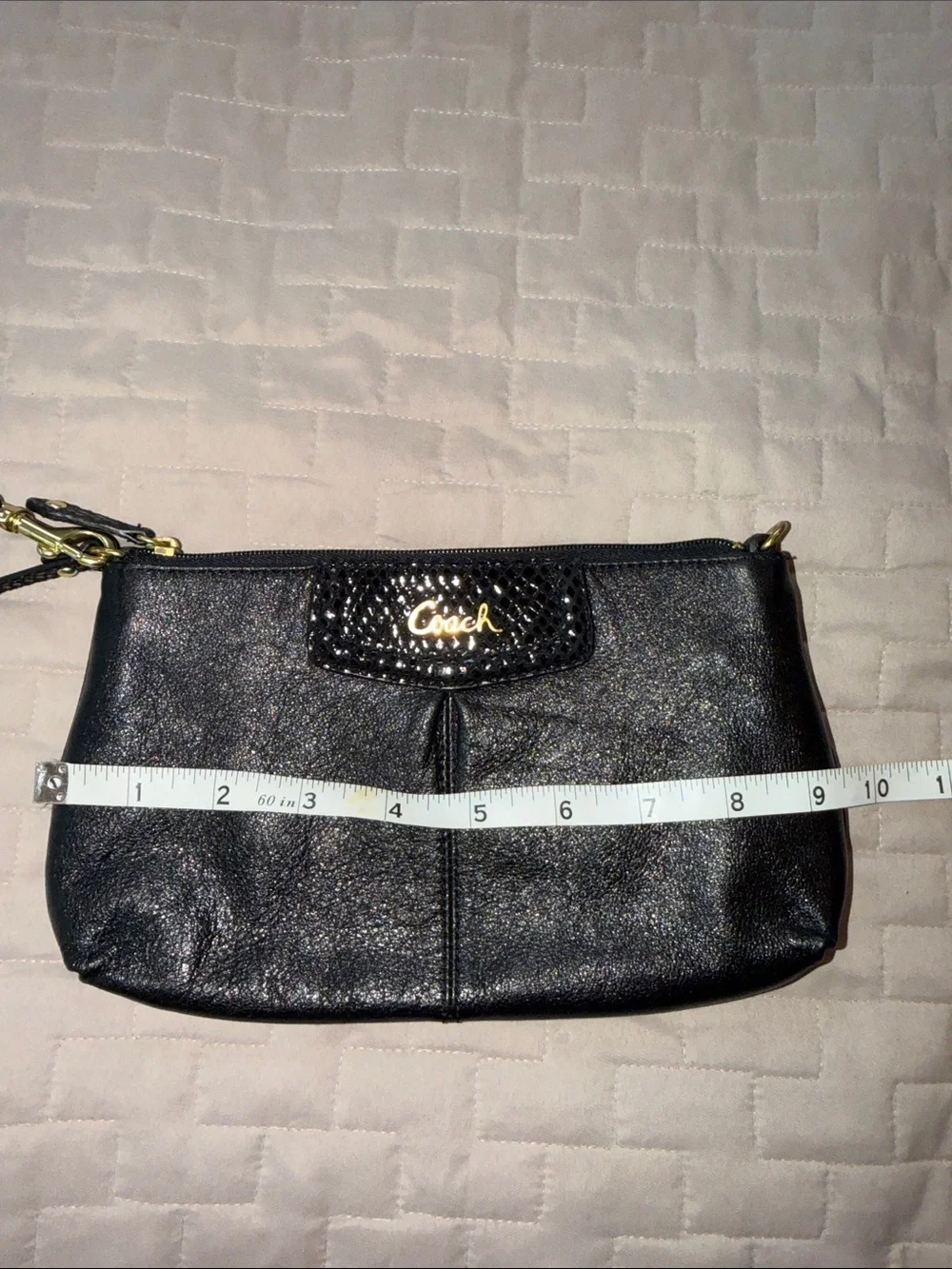 Coach Ashley Black Leather Wristlet Shoulder Bag with Gold-Tone Cursive Logo